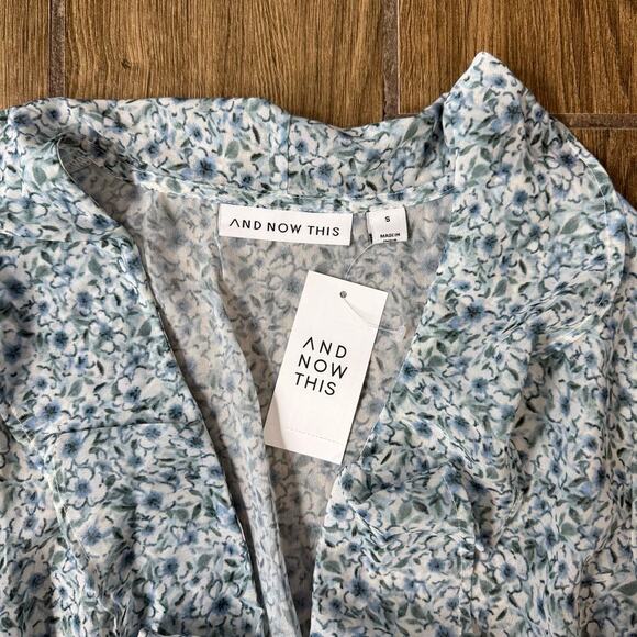 Women's Floral Print Ruffle Topper Tie-Waist Bell-Sleeve Top, Blue, S - Picture 5 of 6